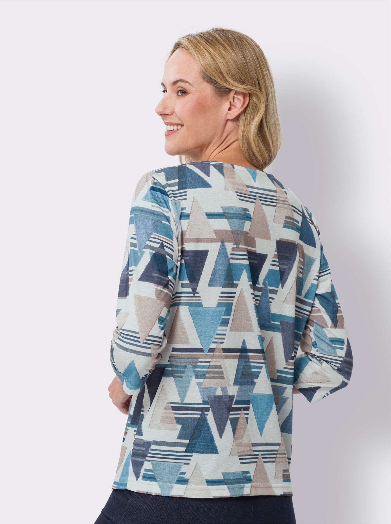 Shirt met 3/4-mouwen in grafisch dessin - donkerblauw/ecru bedrukt