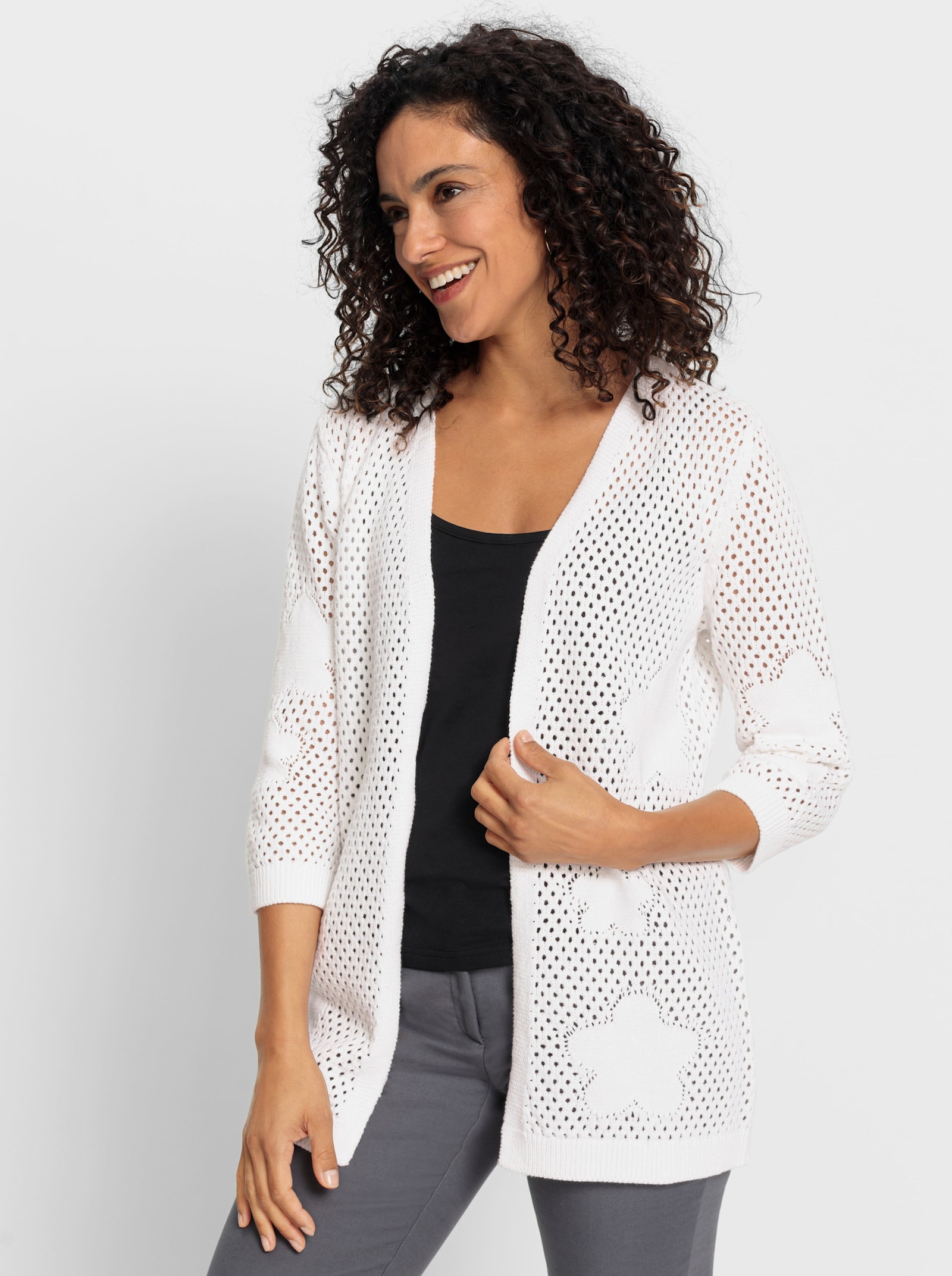 Ajourstrickjacke in Netz-Optik - ecru