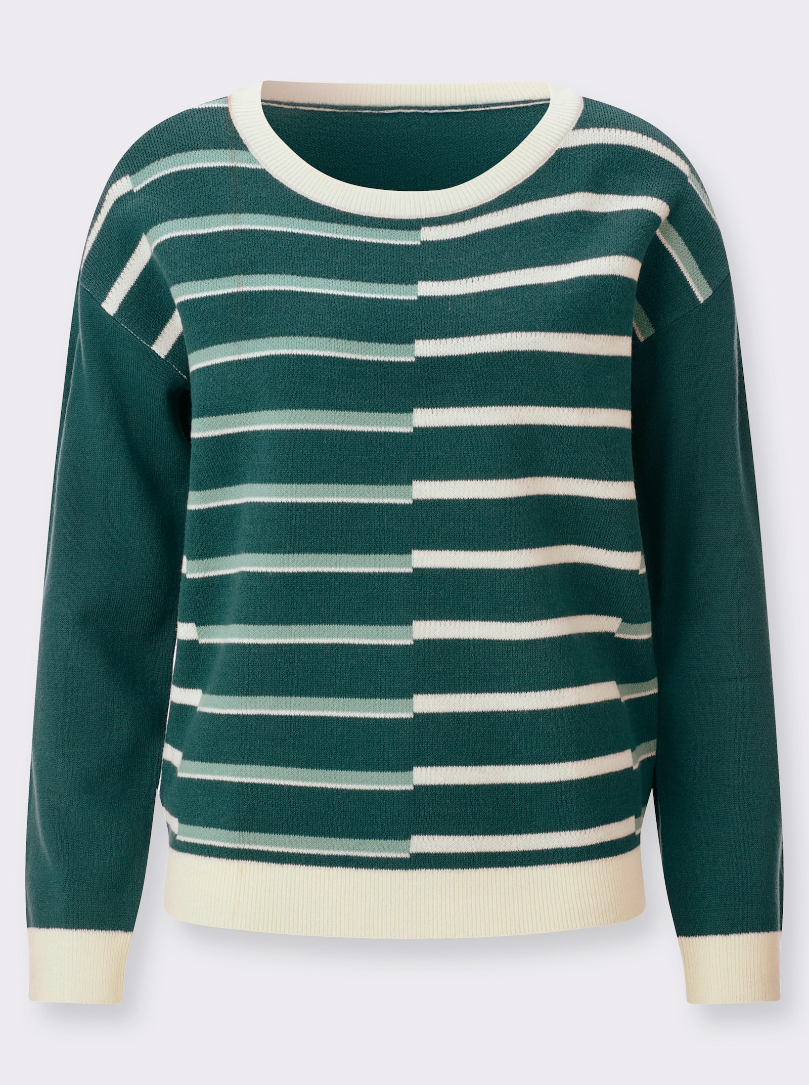 Rundhalspullover mit Jacquard-Streifen-Muster - petrol-salbei-gemustert