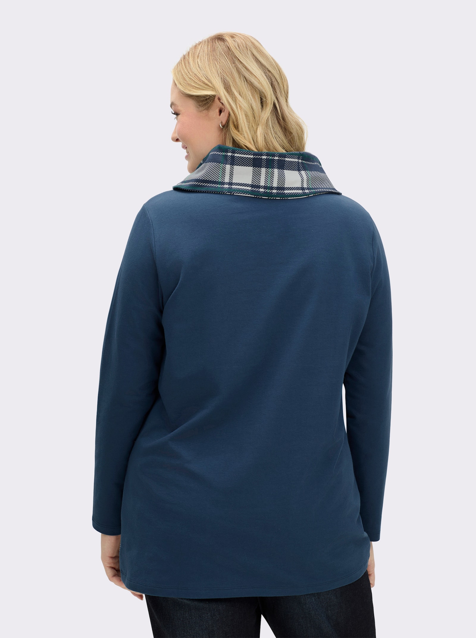 Sweatshirt mit Karo-Einsätzen - dunkelblau-weiß-gemustert