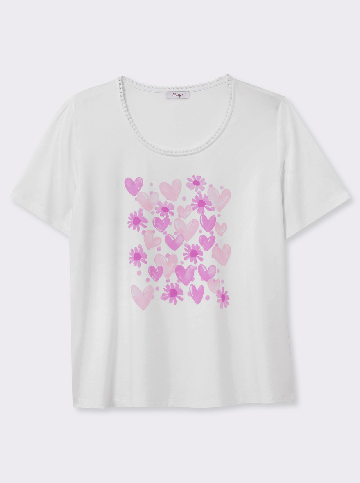 sheego Rundhalsshirt mit Zierband und Frontdruck - ecru-hellrosé