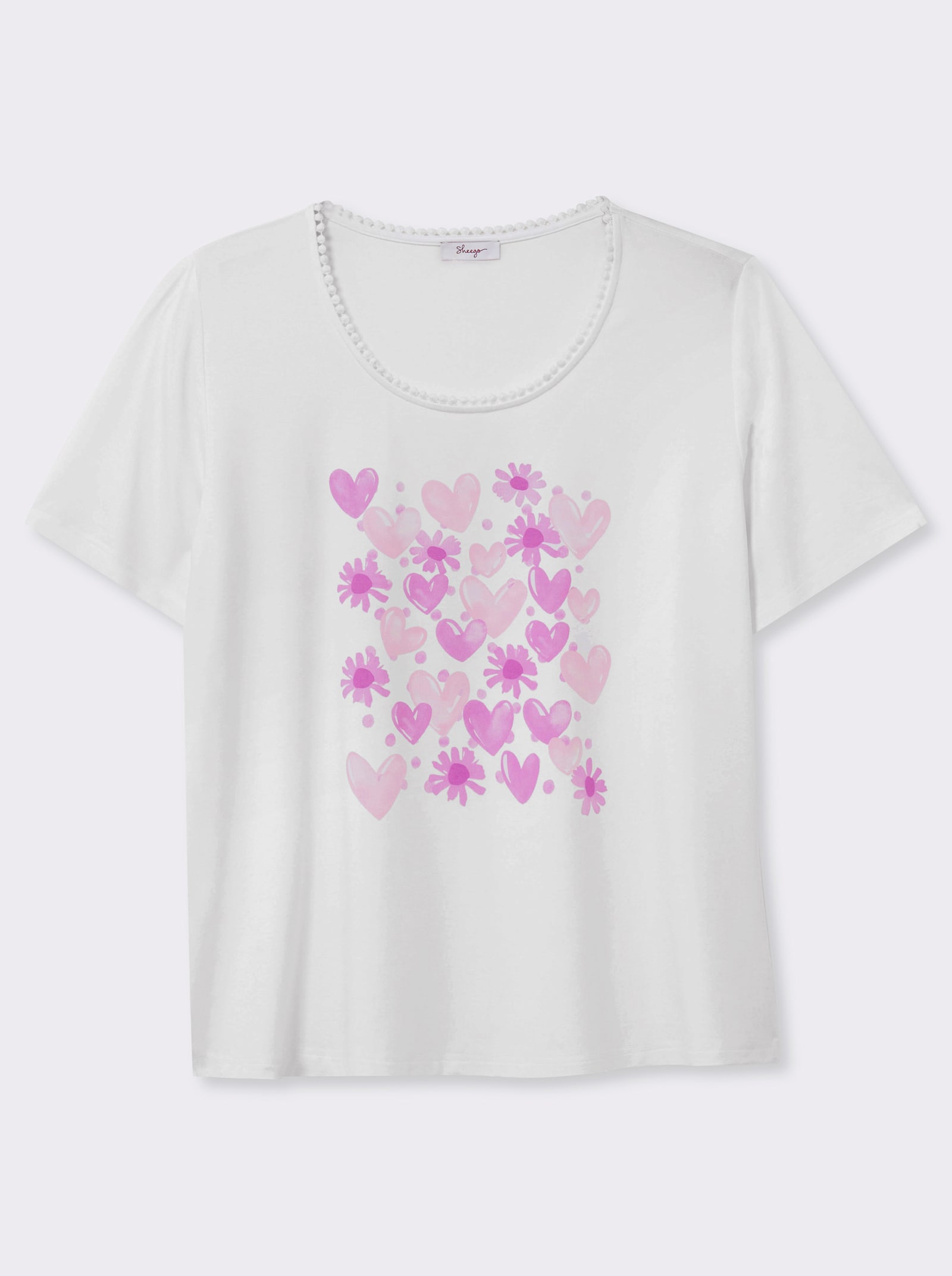 sheego Rundhalsshirt mit Zierband und Frontdruck - ecru-hellrosé