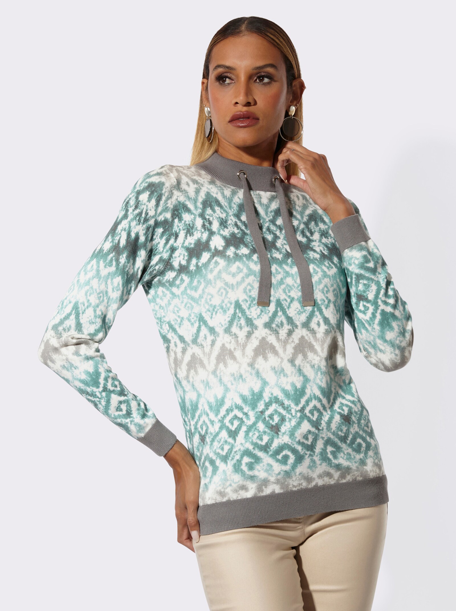 Stehkragenpullover mit Bindebändern - ecru-grau-bedruckt