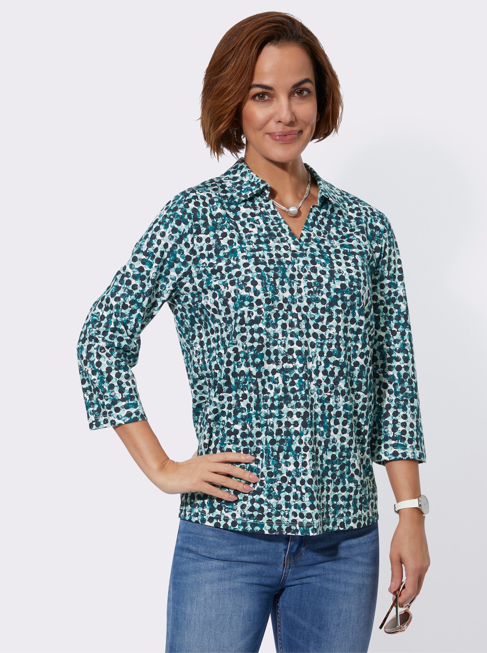 Poloshirt mit GOTS-Zertifizierung - aquapetrol-ecru-bedruckt