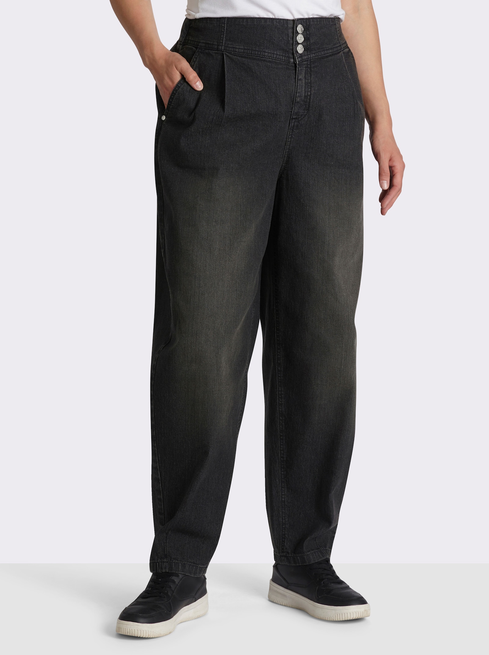 sheego High-waist-Jeans mit Bundfalten und Barrel-Leg - graphit denim