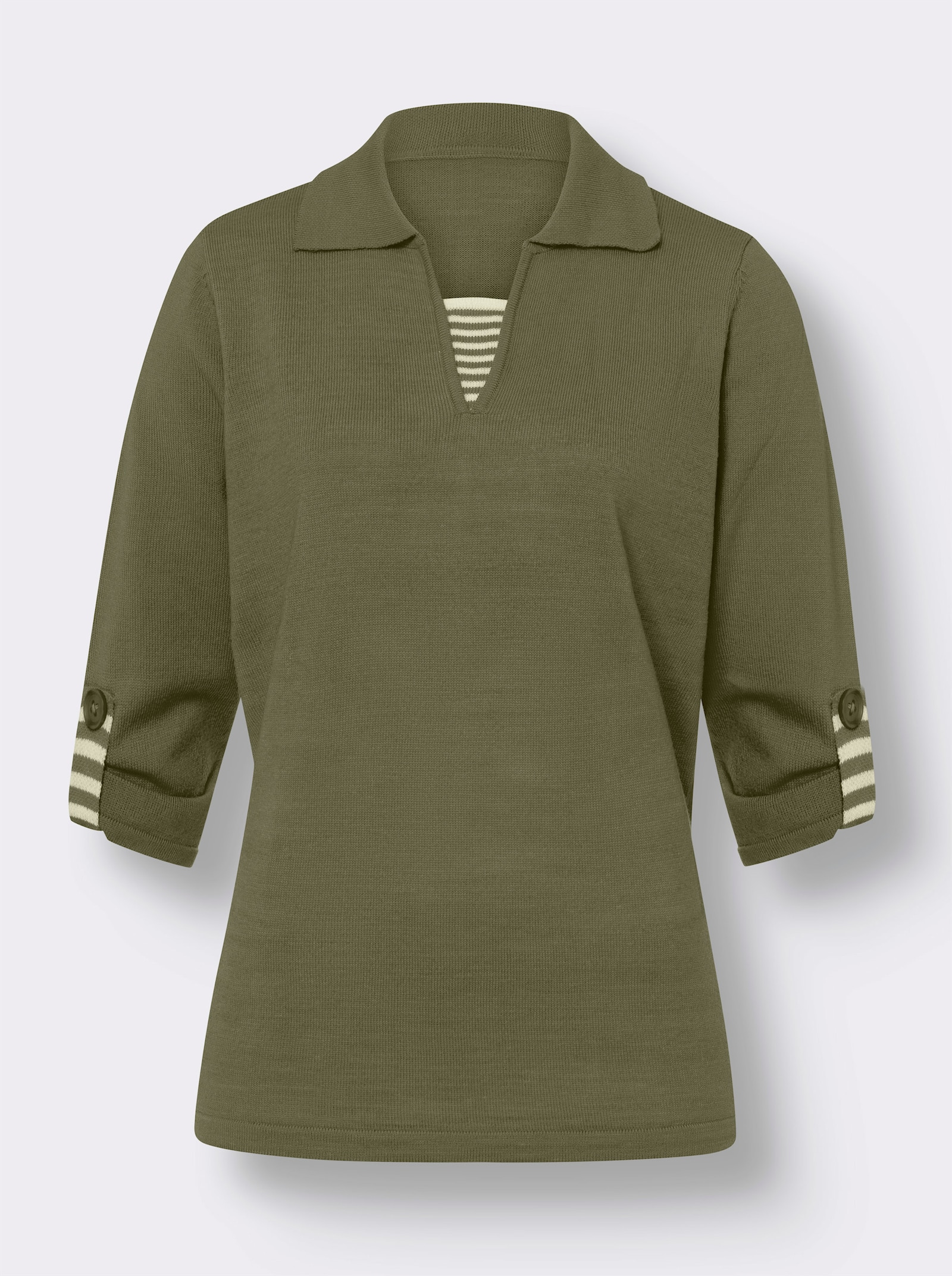 2-in-1-Pullover mit Streifen-Einsätzen - khaki-weiss-gemustert