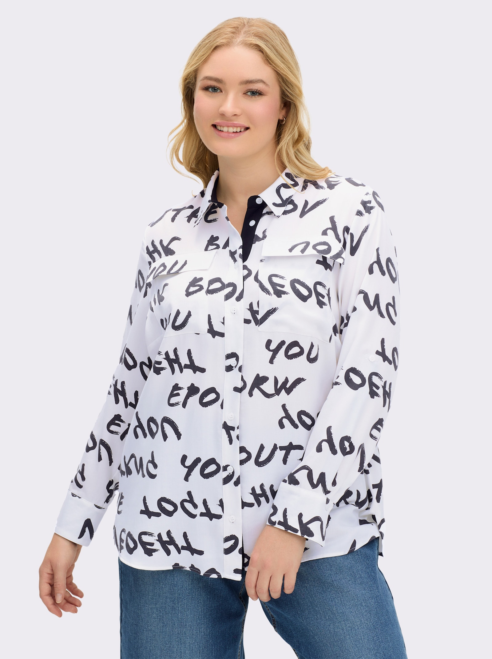 Hemdbluse mit 3/4-Ärmeln, reines Lyocell - weiß-schwarz-bedruckt