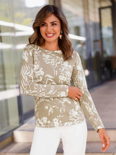 Rundhalspullover - ecru-beige-bedruckt