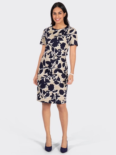 Druckkleid aus glänzendem Baumwoll-Satin - sand-marine-bedruckt