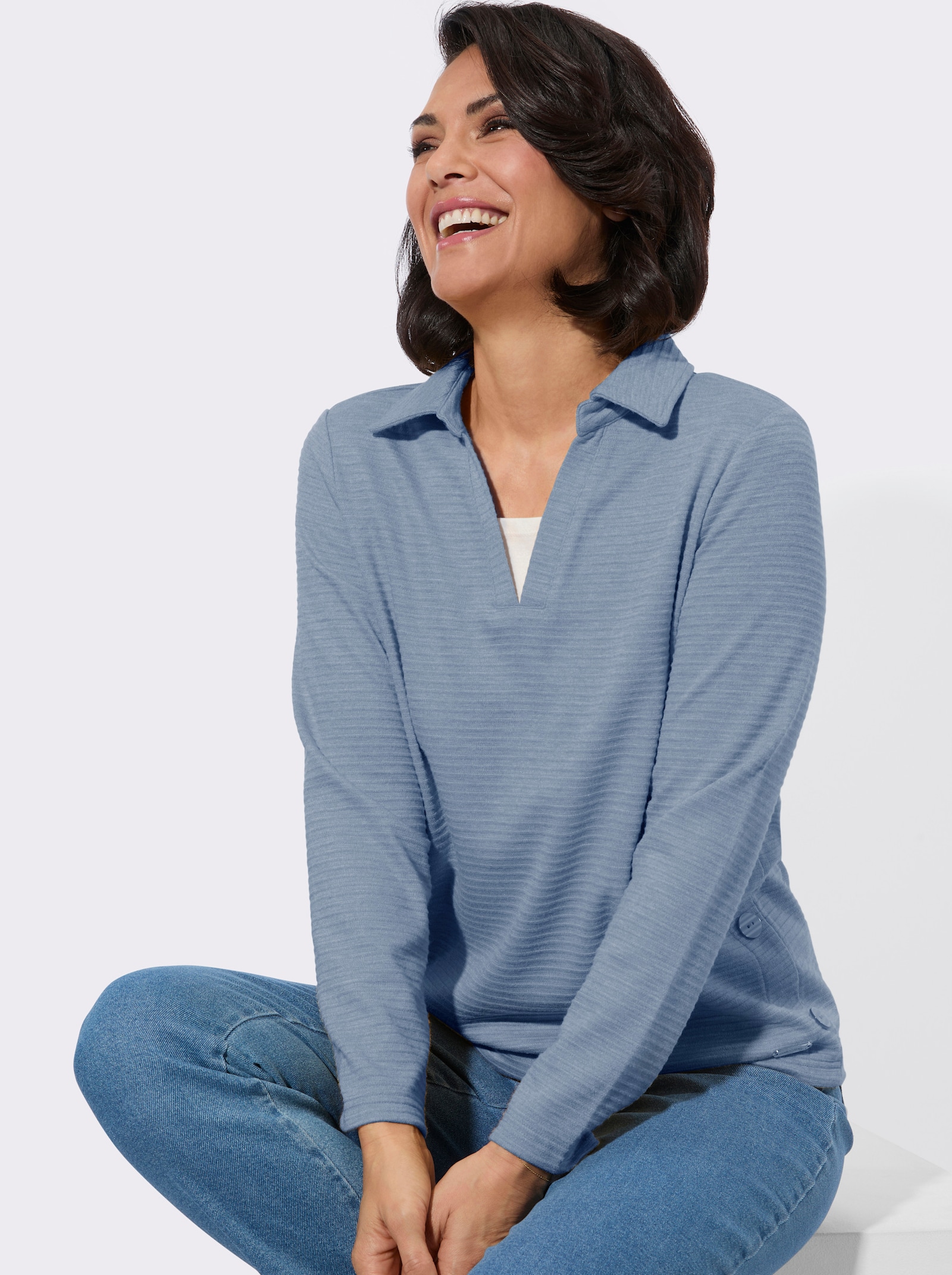 Poloshirt met knoopsluiting opzij - jeansblauw gemêleerd