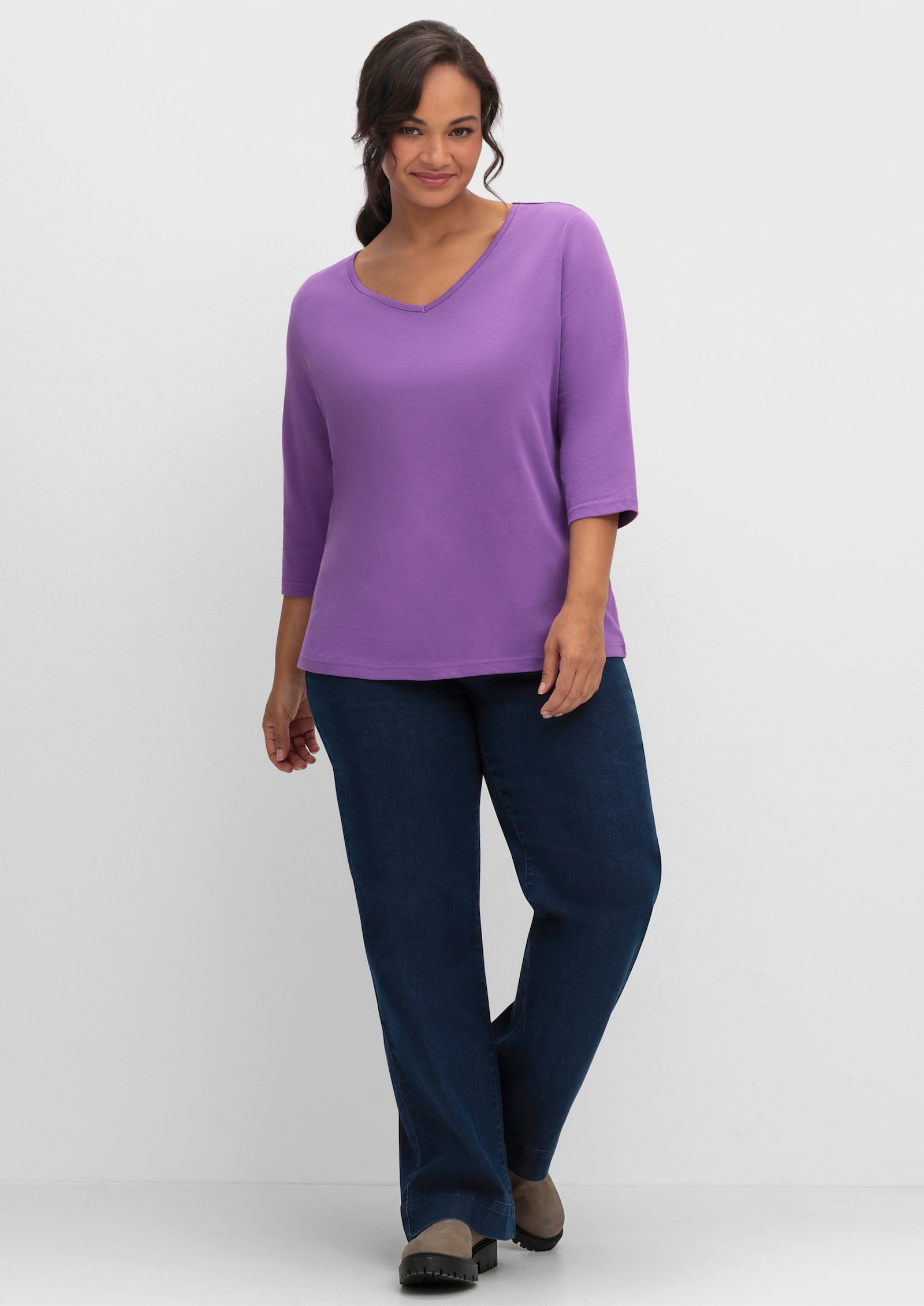 3/4-Arm-Shirt mit V-Ausschnitt - lila