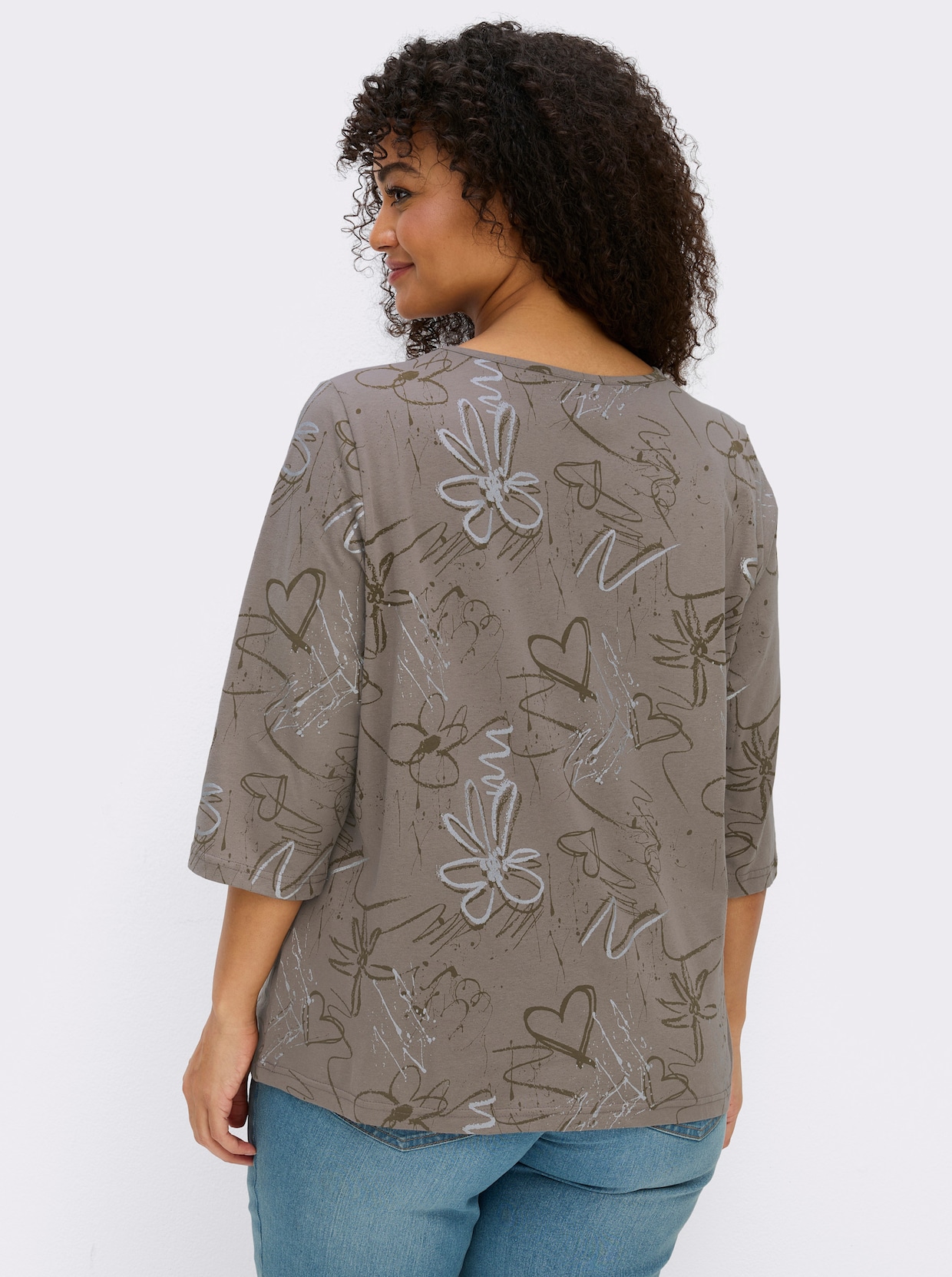 3/4-Arm-Shirt mit Herzen und Blüten verziert - taupe
