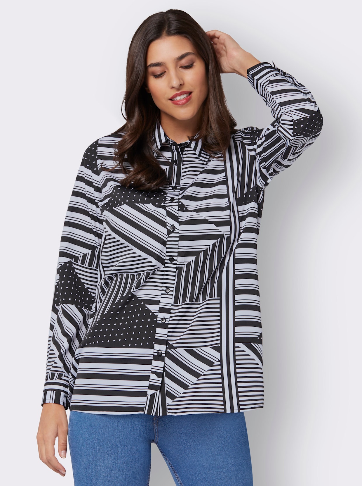 Longline blouse - wit/zwart geprint