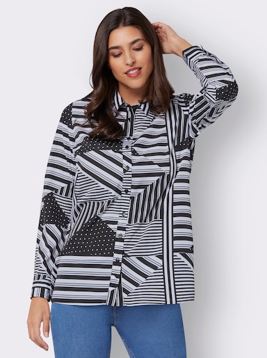 Longbluse mit Seitenschlitzen - weiß-schwarz-bedruckt