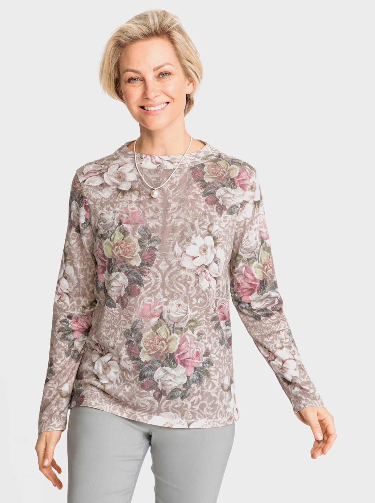 Pullover met lange mouwen - beige/mauve bedrukt