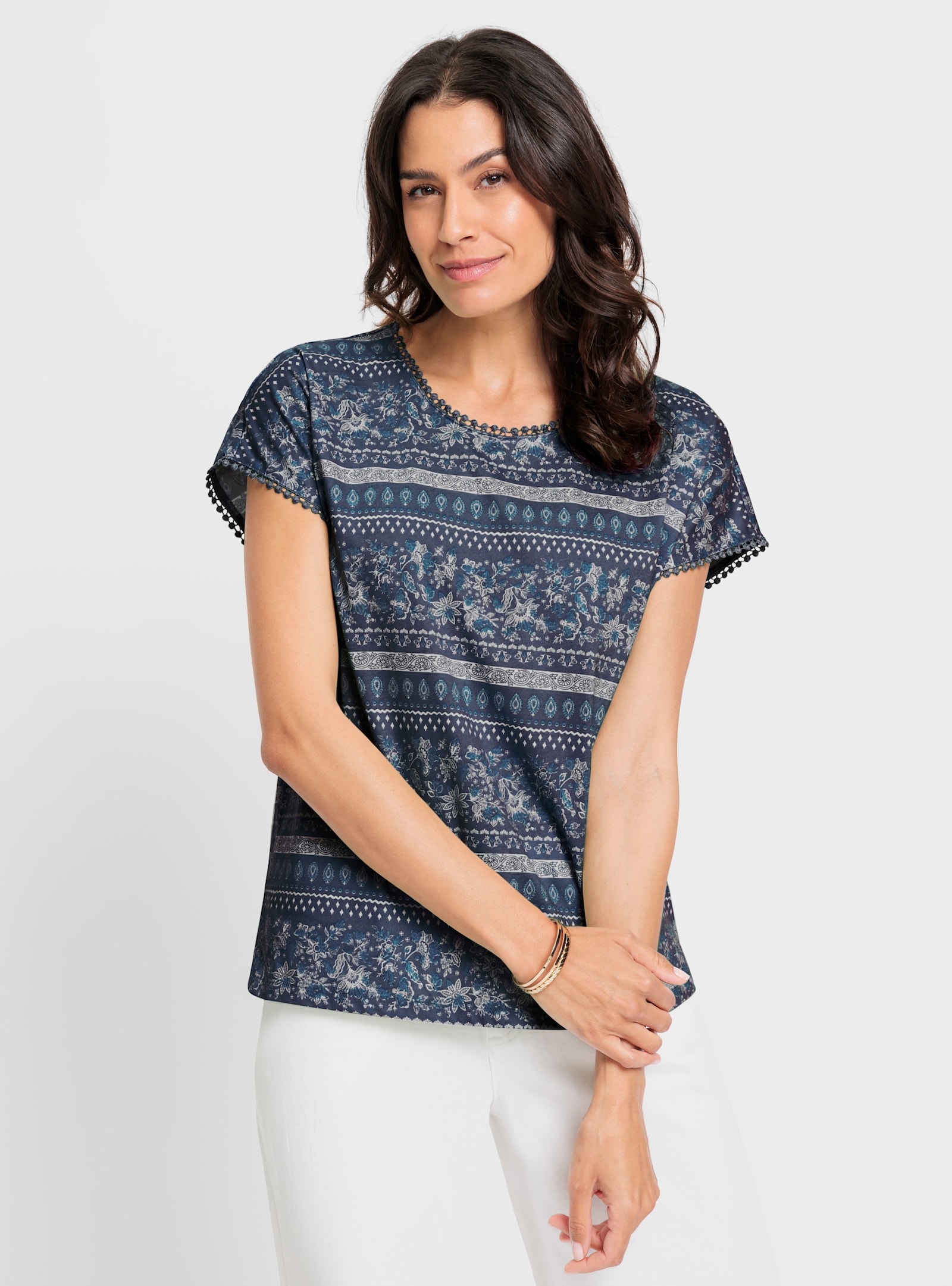 Print-Shirt mit Spitzenborte - marine-ecru-bedruckt