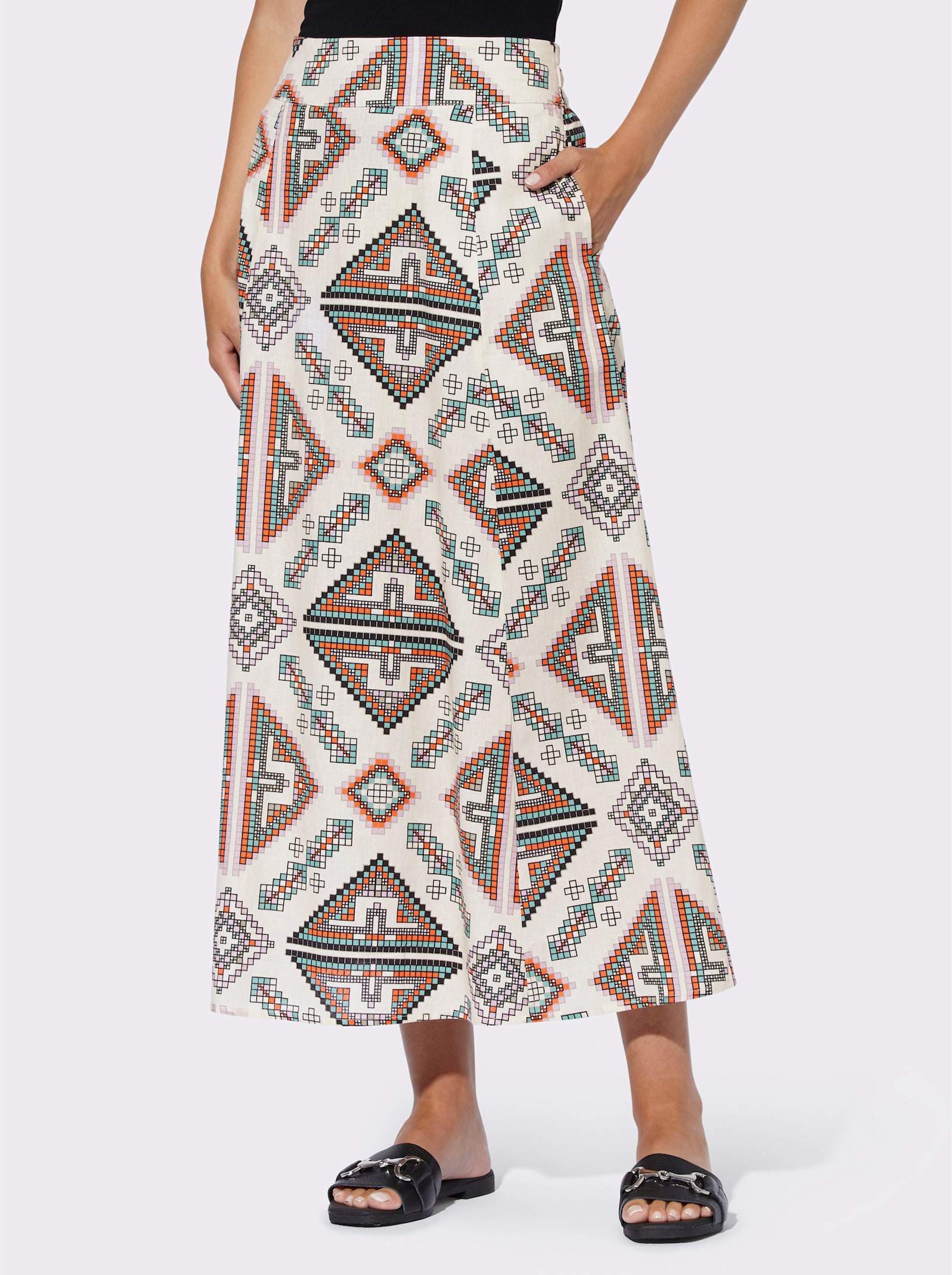 heine A-Linien-Rock mit Ethno-Druck - champagner-salbei-bedruckt