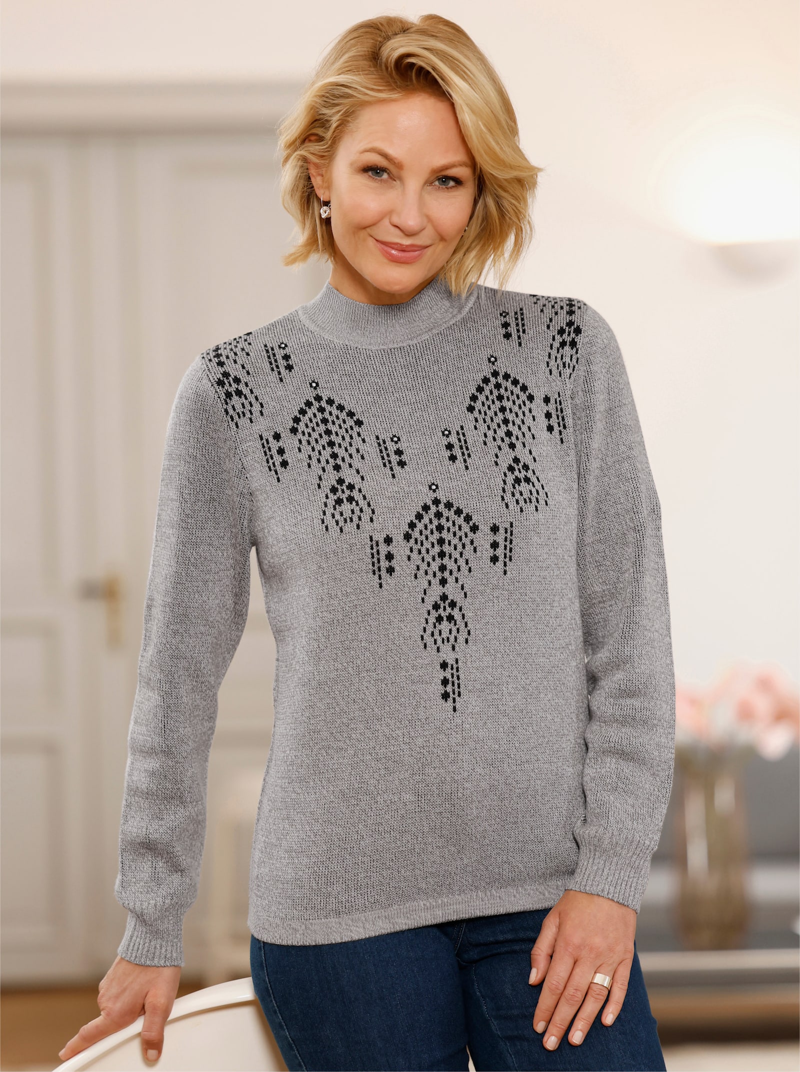 Pullover met opstaande kraag en siersteentjes - grijs gemêleerd