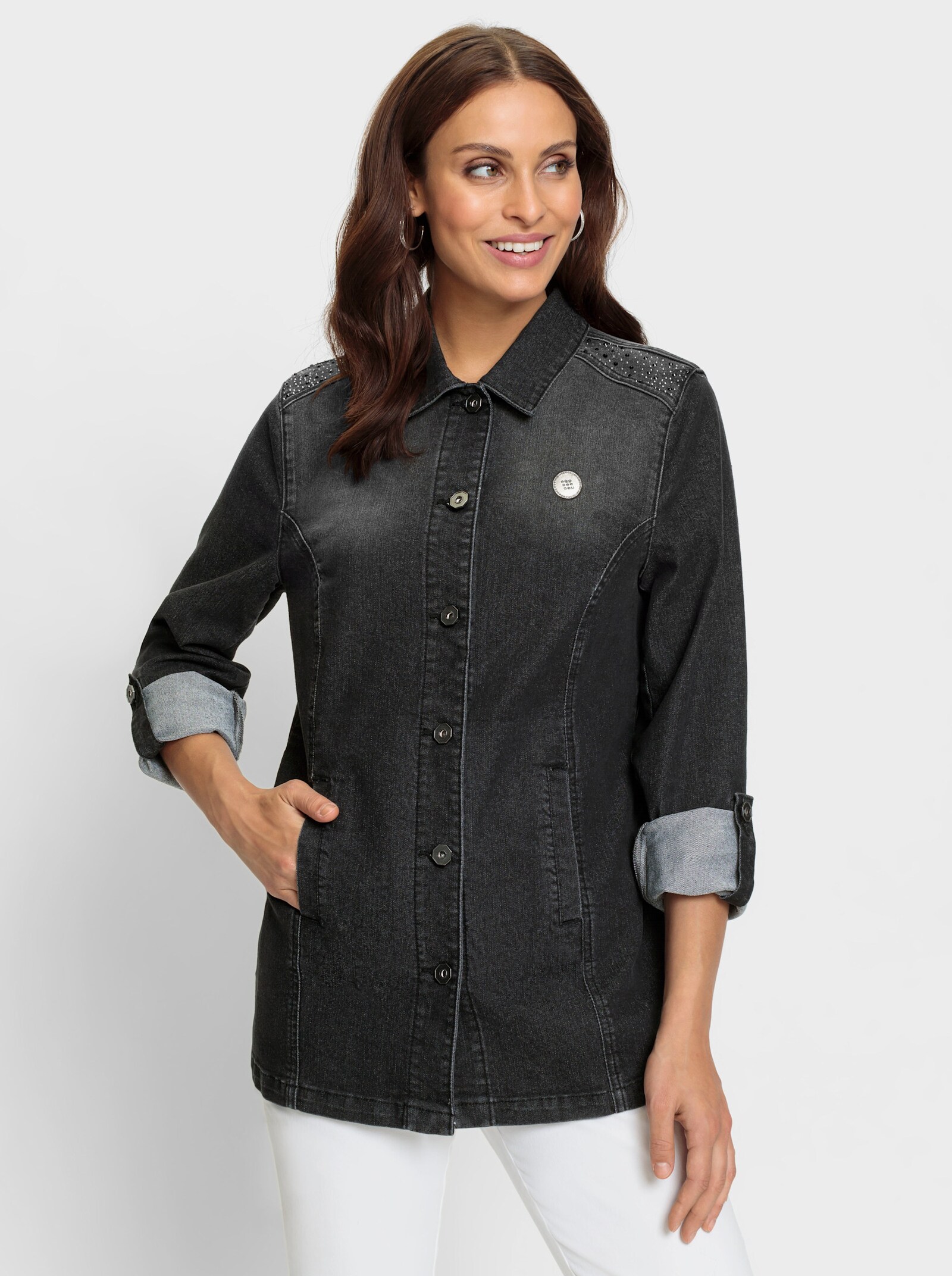 Jeansblouse met fonkelende siersteentjes - grafiet denim