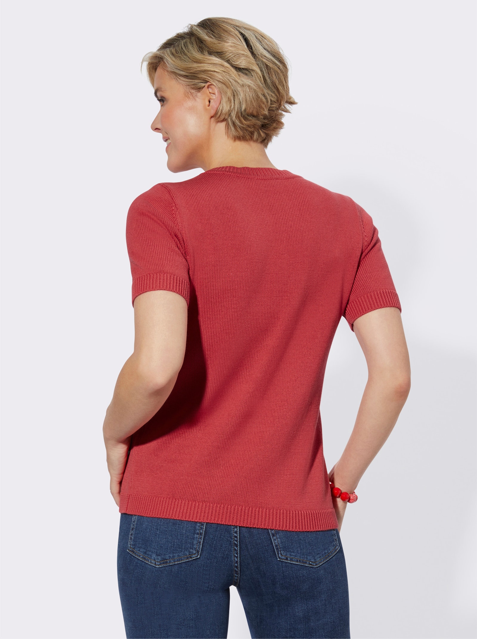 Kurzarmpullover mit Rippabschlüssen - korallenrot