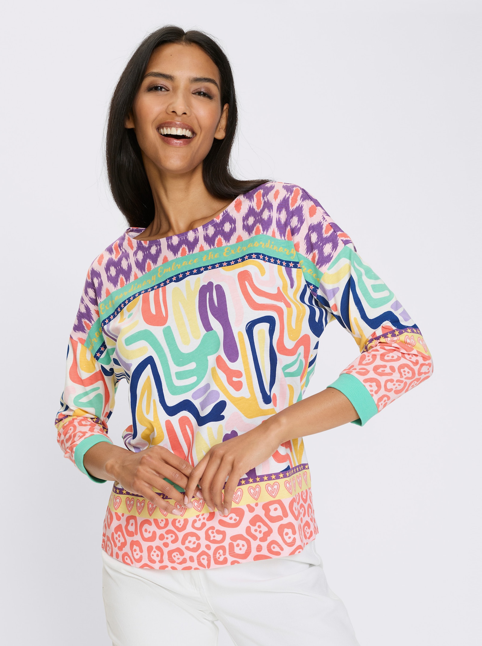 3/4-Arm-Shirt mit Bordüren-Print - weiß-koralle-bedruckt