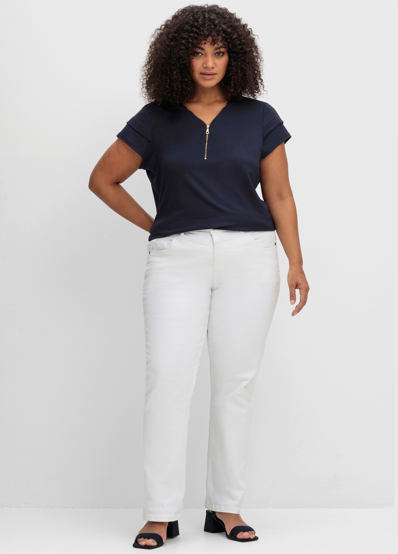 sheego by Joe Browns Shirt met korte mouwen en goudkleurige rits - nachtblauw