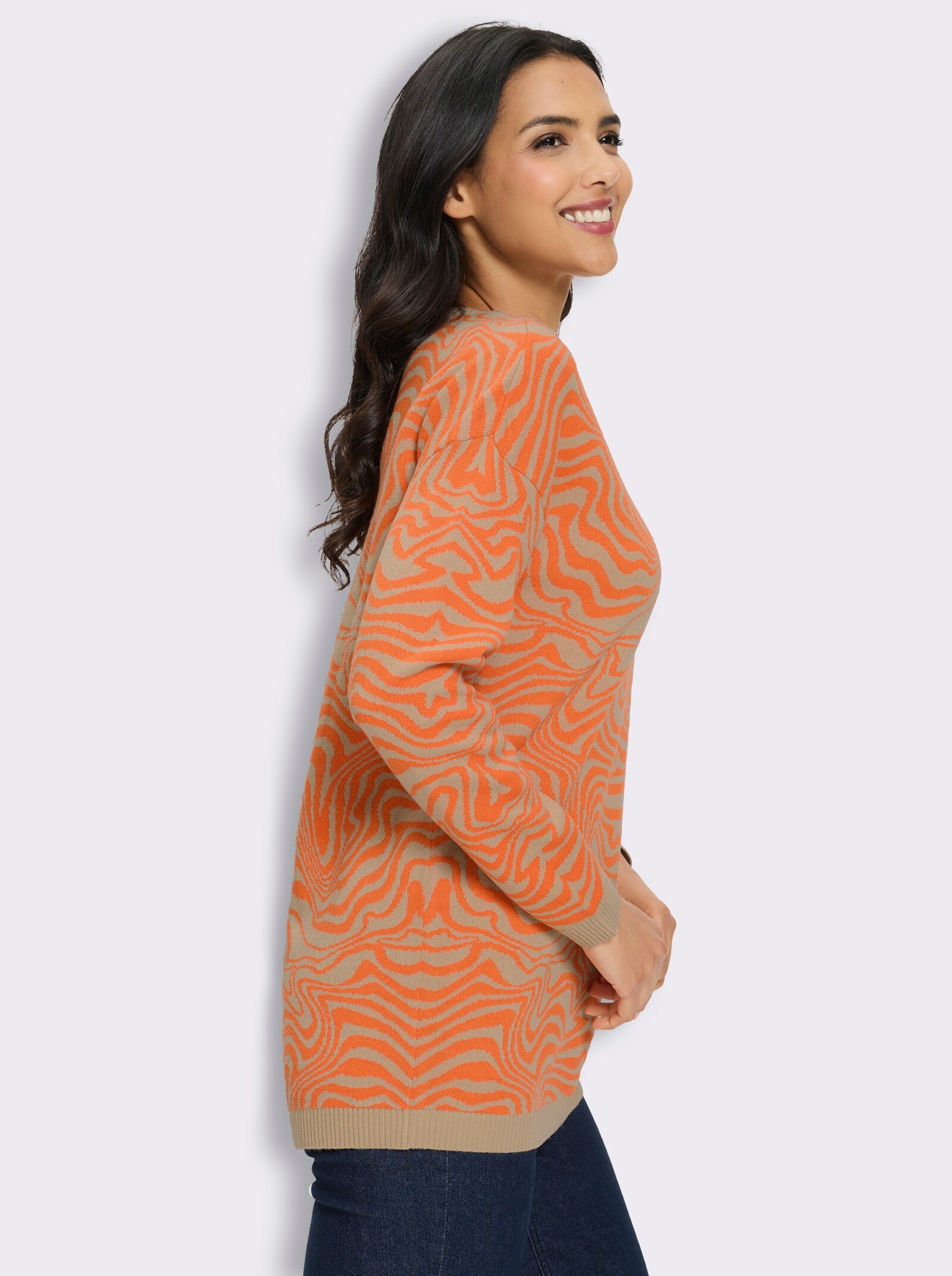 Longpullover mit Ripp-Abschlüssen - beige-orange-gemustert