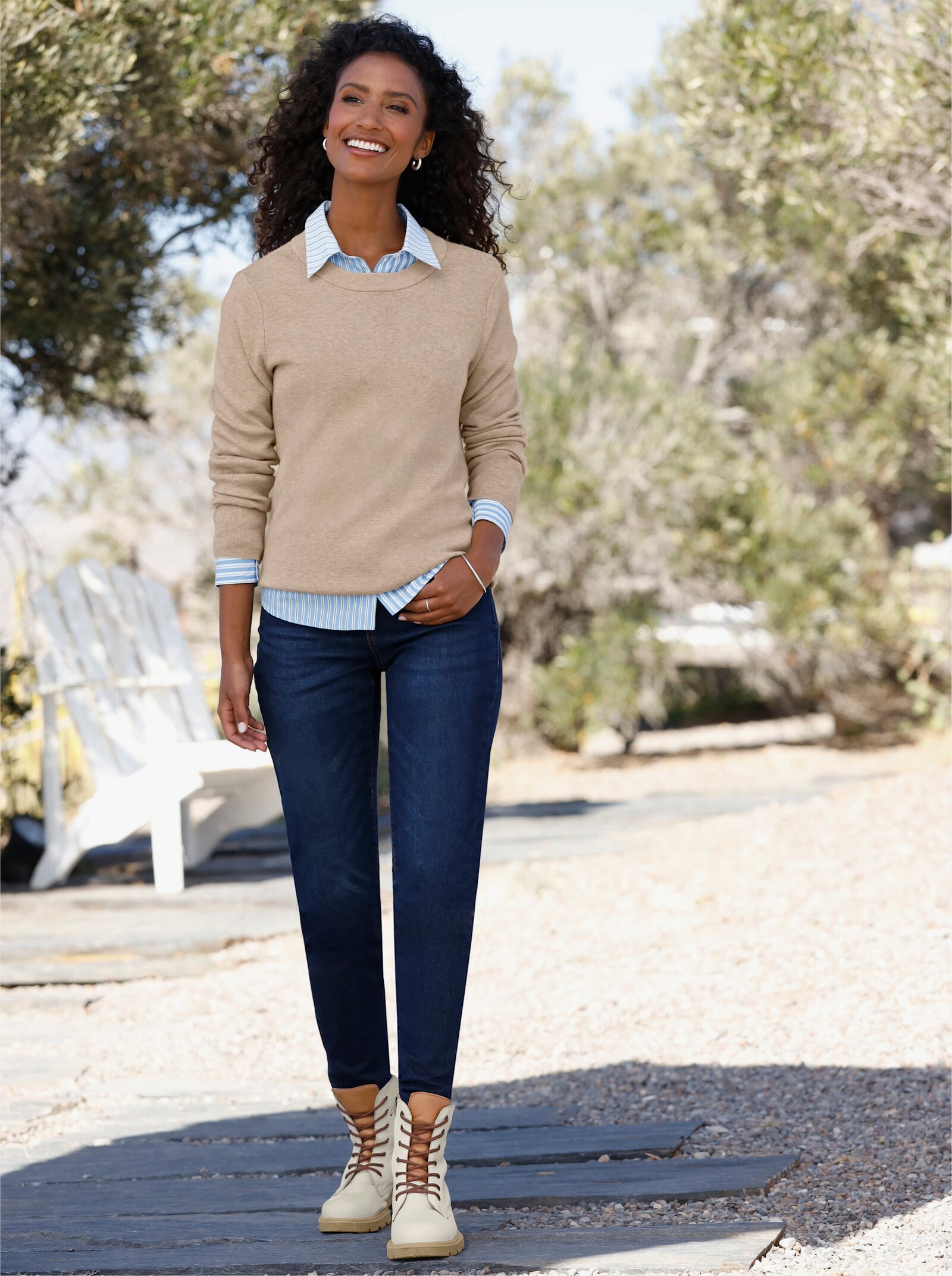 heine Pullover mit Seitenschlitzen - beige-meliert