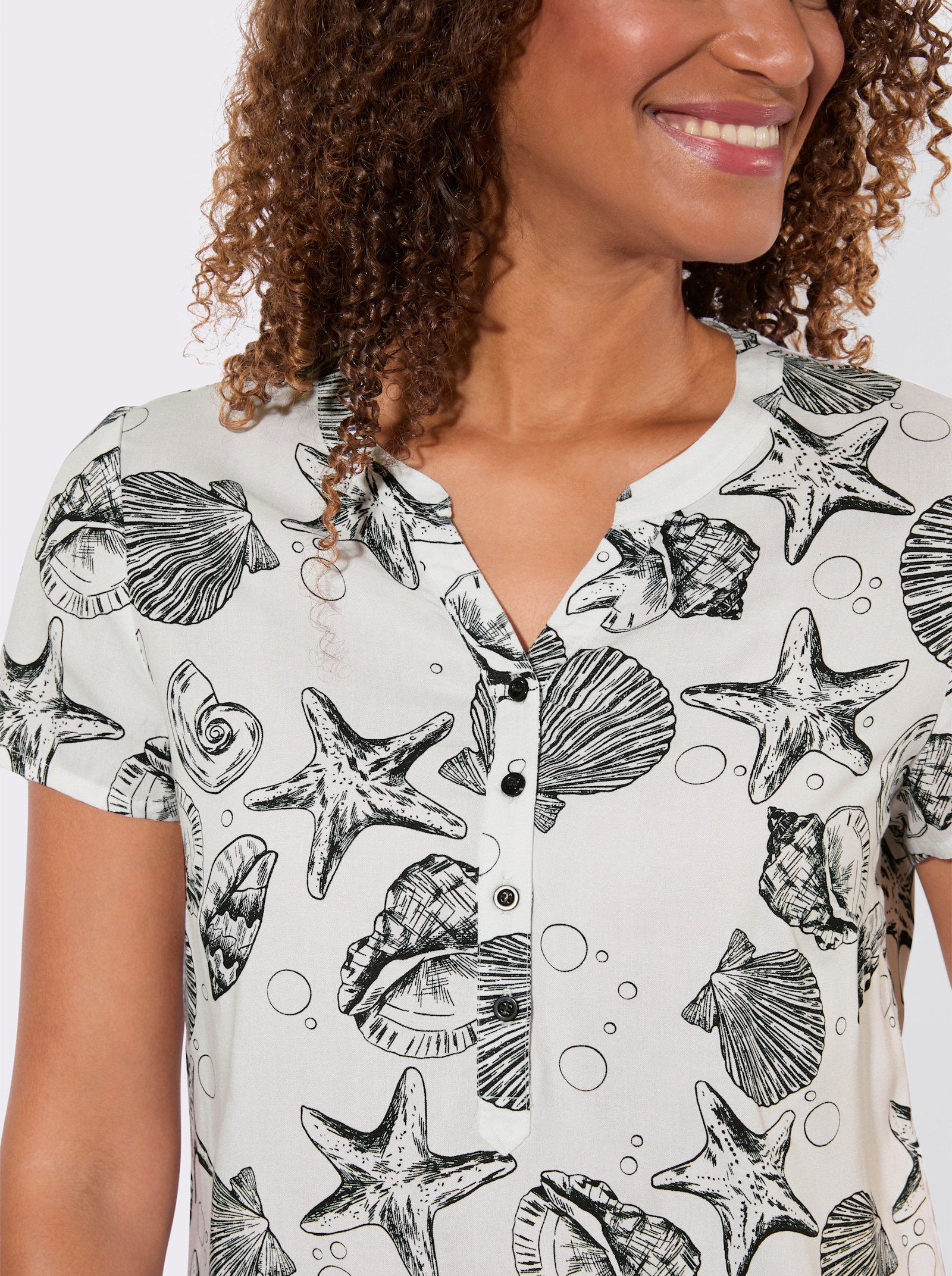 Druckbluse aus reiner Viskose - weiß-marine-bedruckt