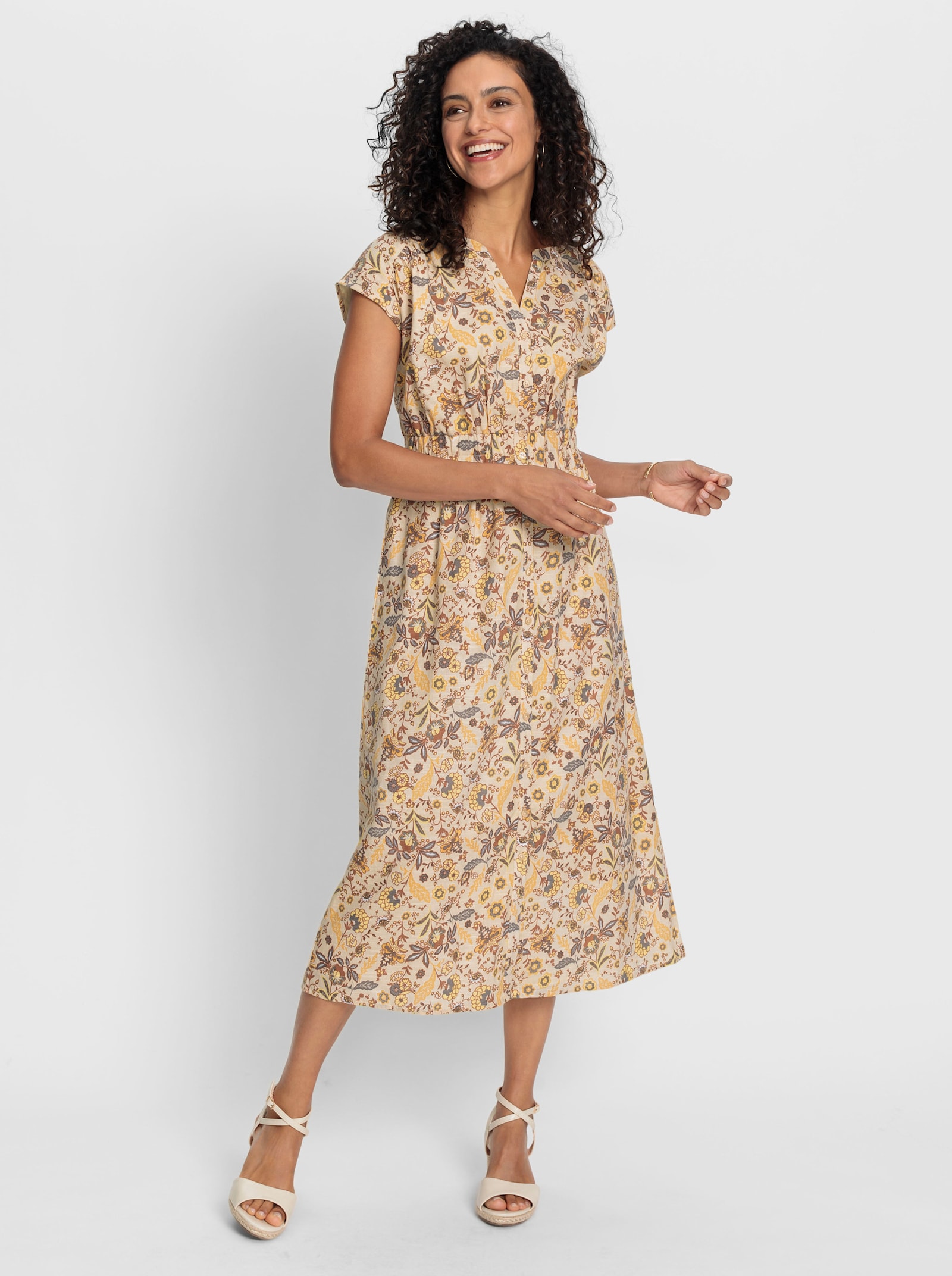 Baumwollkleid mit Blütenmuster - vanille-sand-bedruckt