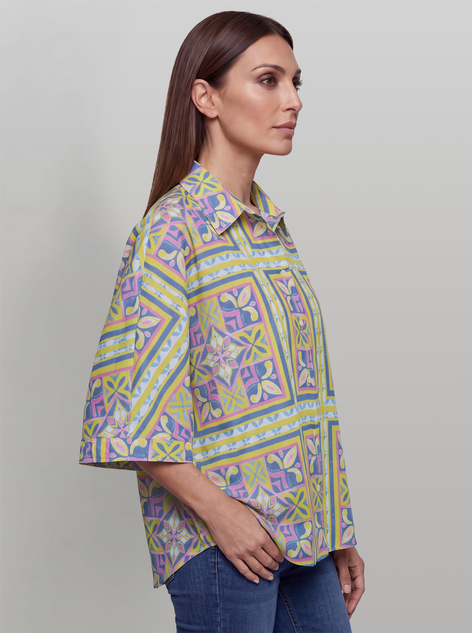 heine Hemdbluse mit Pailletten - limone-taubenblau-bedruckt