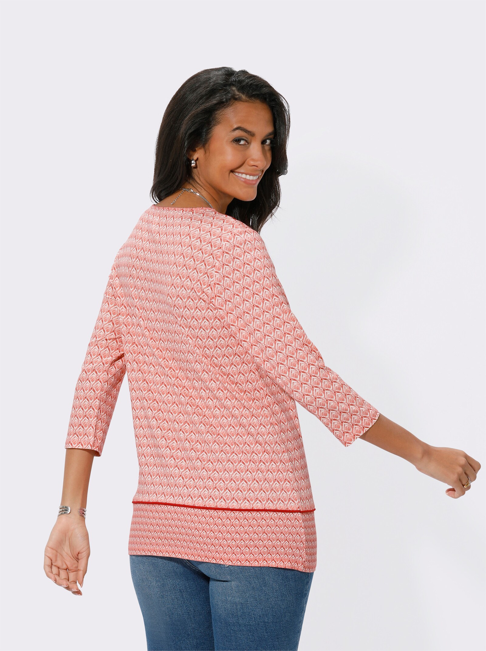 Rundhalsshirt mit Kontrast-Paspelierung - flamingo-bedruckt