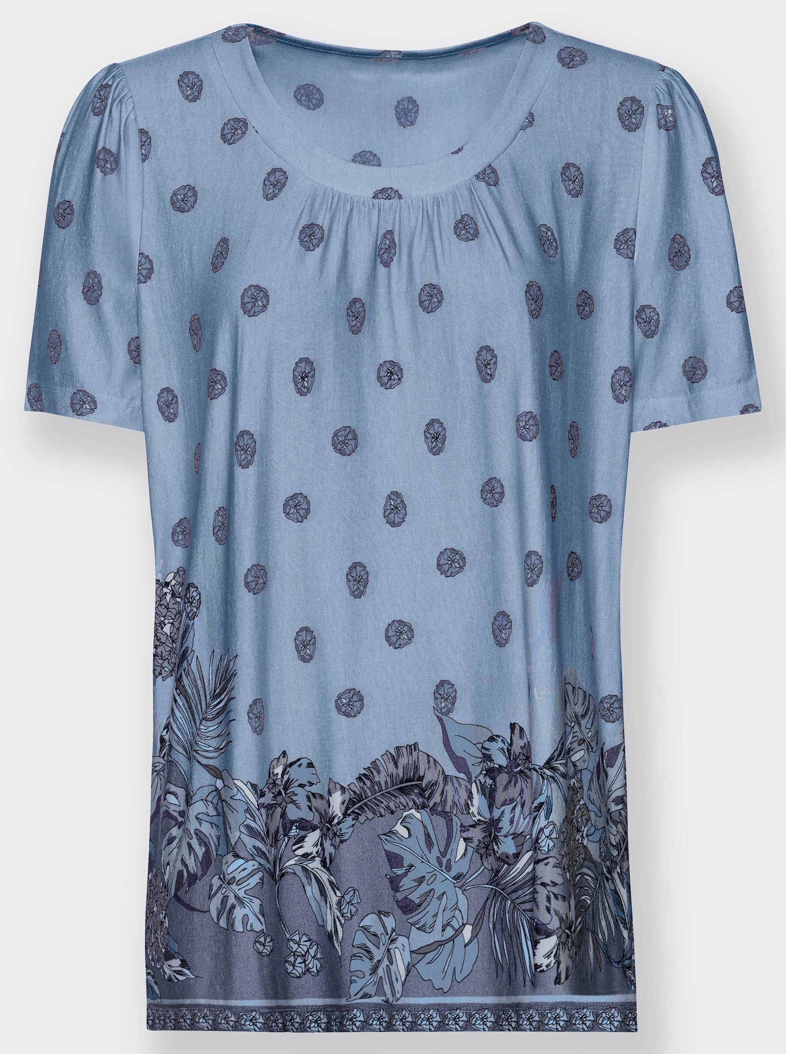 Tuniekshirt met rimpeling bij de hals - lichtblauw geprint