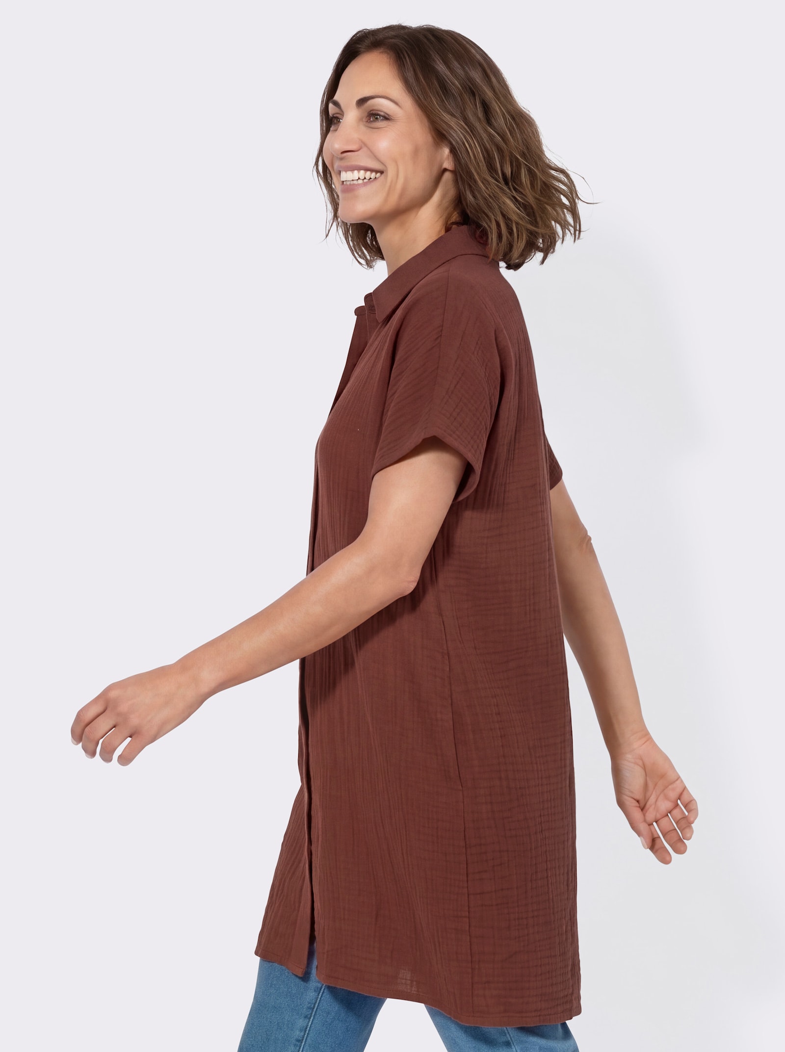 Longbluse mit Knopfleiste - rotbraun