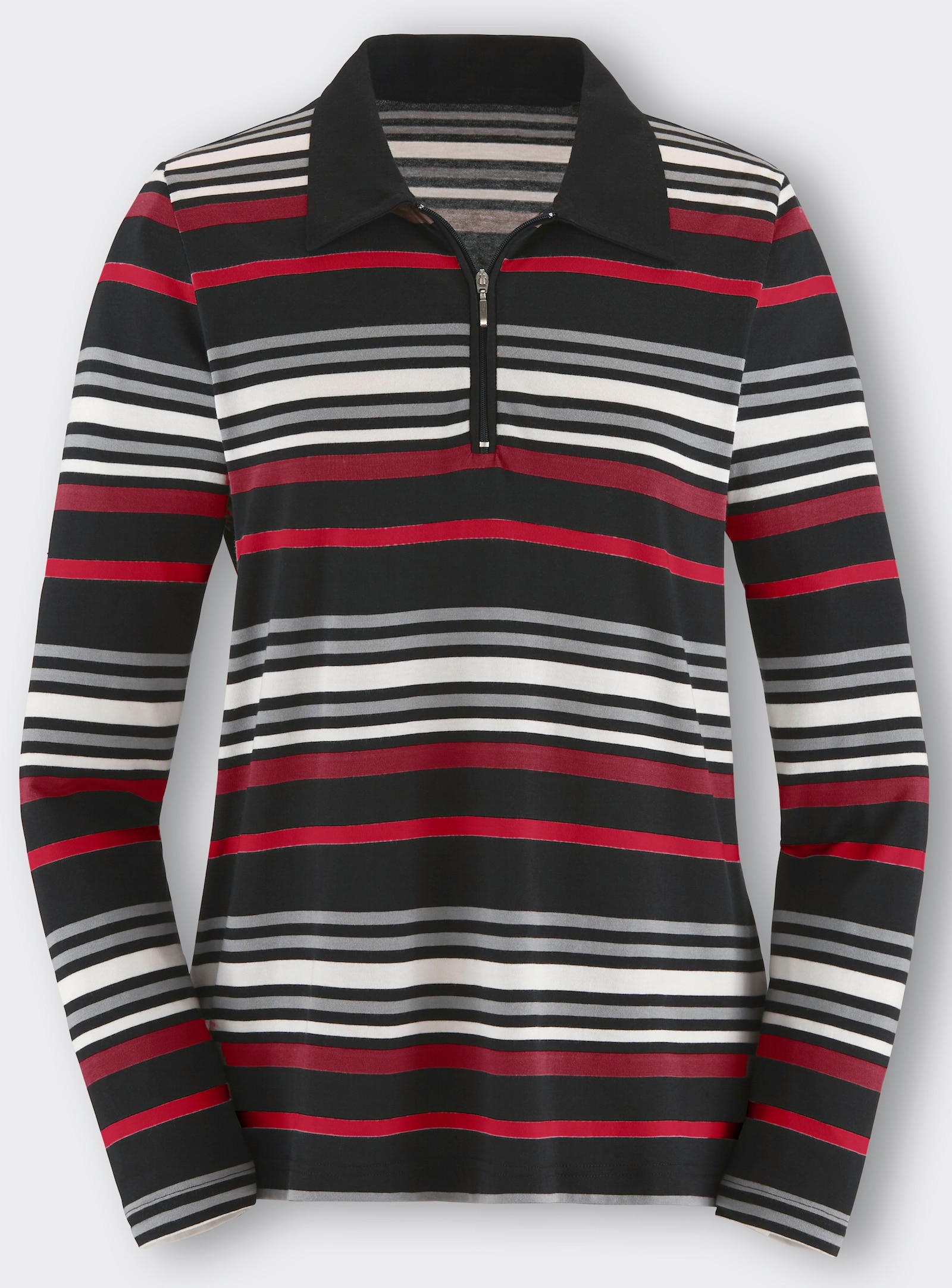 Poloshirt mit kurzem Zipper - rot-schwarz-geringelt
