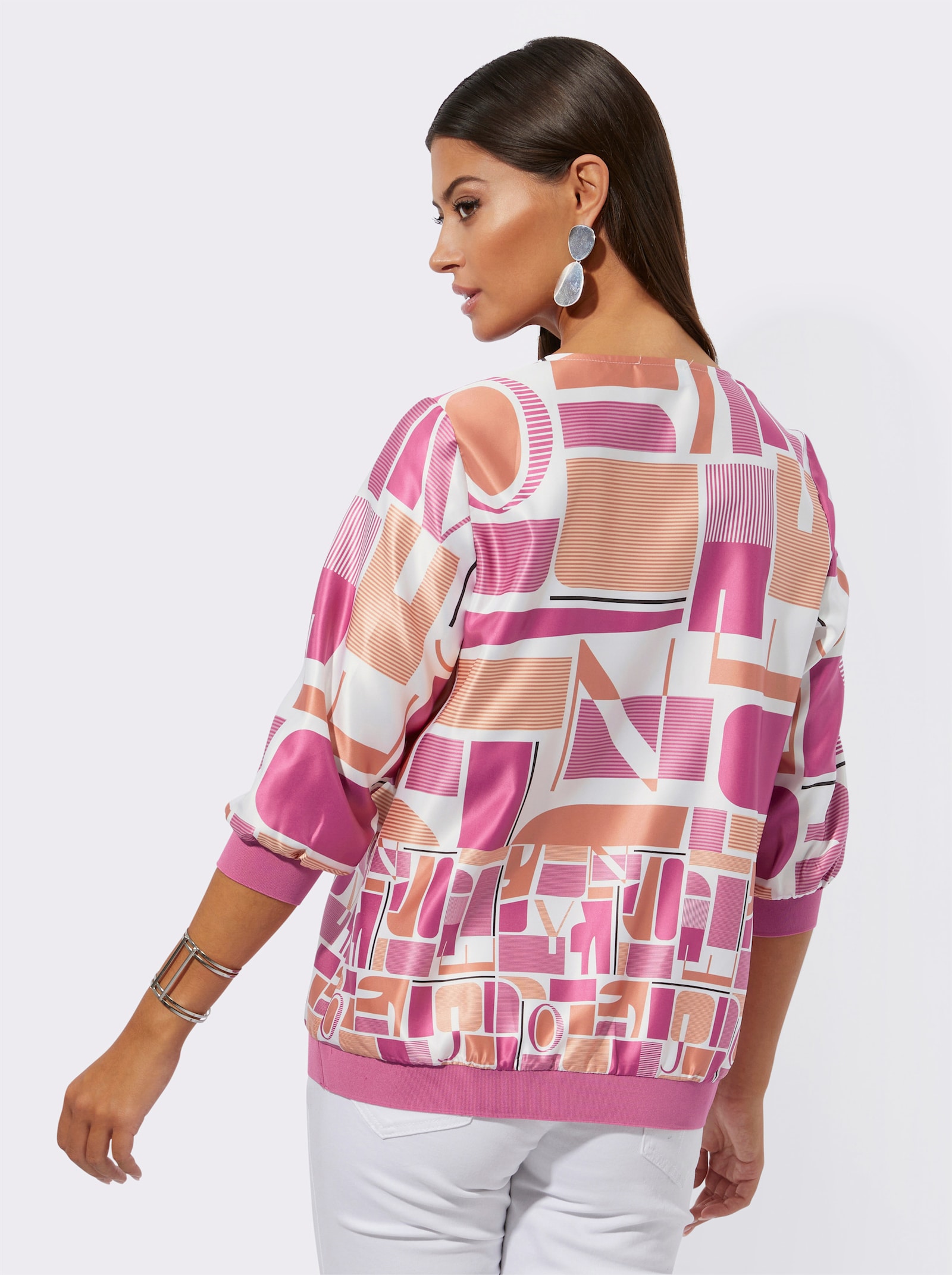 Satinbluse im Grafikdruck mit Schriftzug - papaya-fuchsia-bedruckt