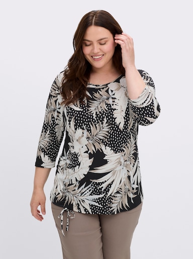 Print-Shirt mit raffbarem Tunnelzug - schwarz-sesam-bedruckt