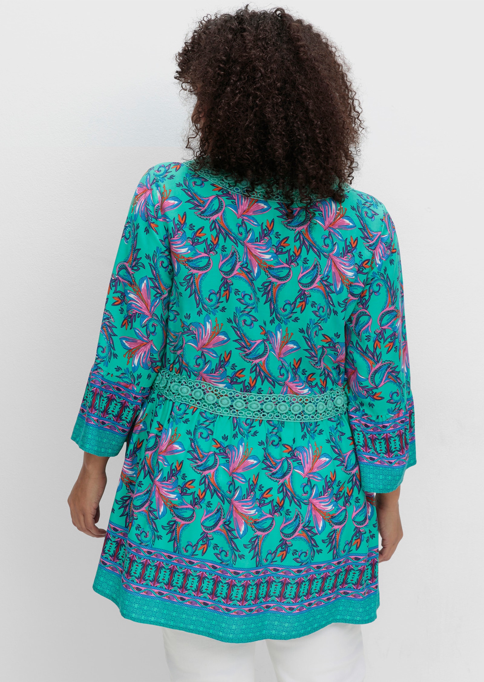 sheego by Joe Browns Longbluse im Boho-Look, mit Trompetenärmeln - aqua-gemustert