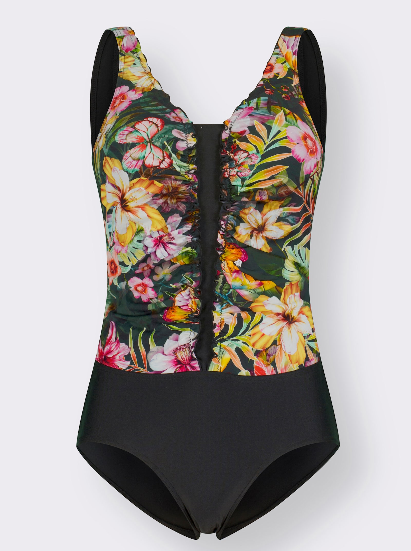 feel good Badeanzug mit Raffung am V-Ausschnitt - schwarz-bunt-bedruckt