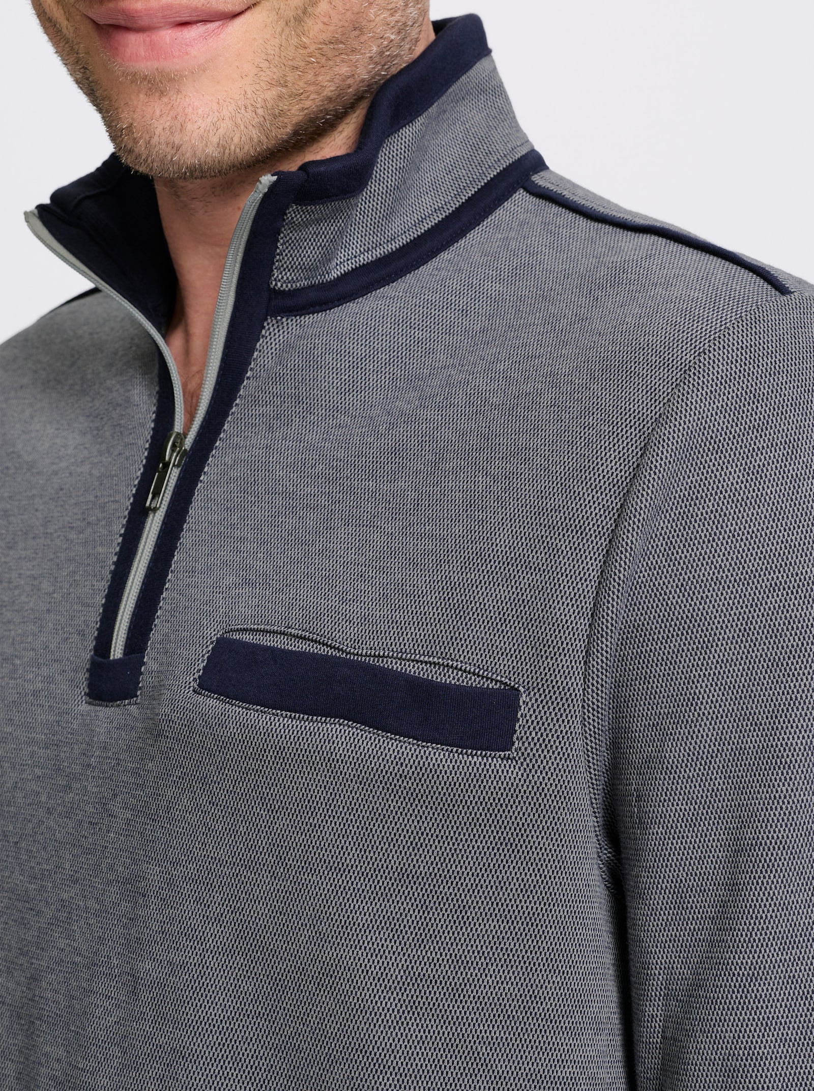 Marco Donati Langarmshirt in Struktur-Qualität - marine-steingrau-meliert