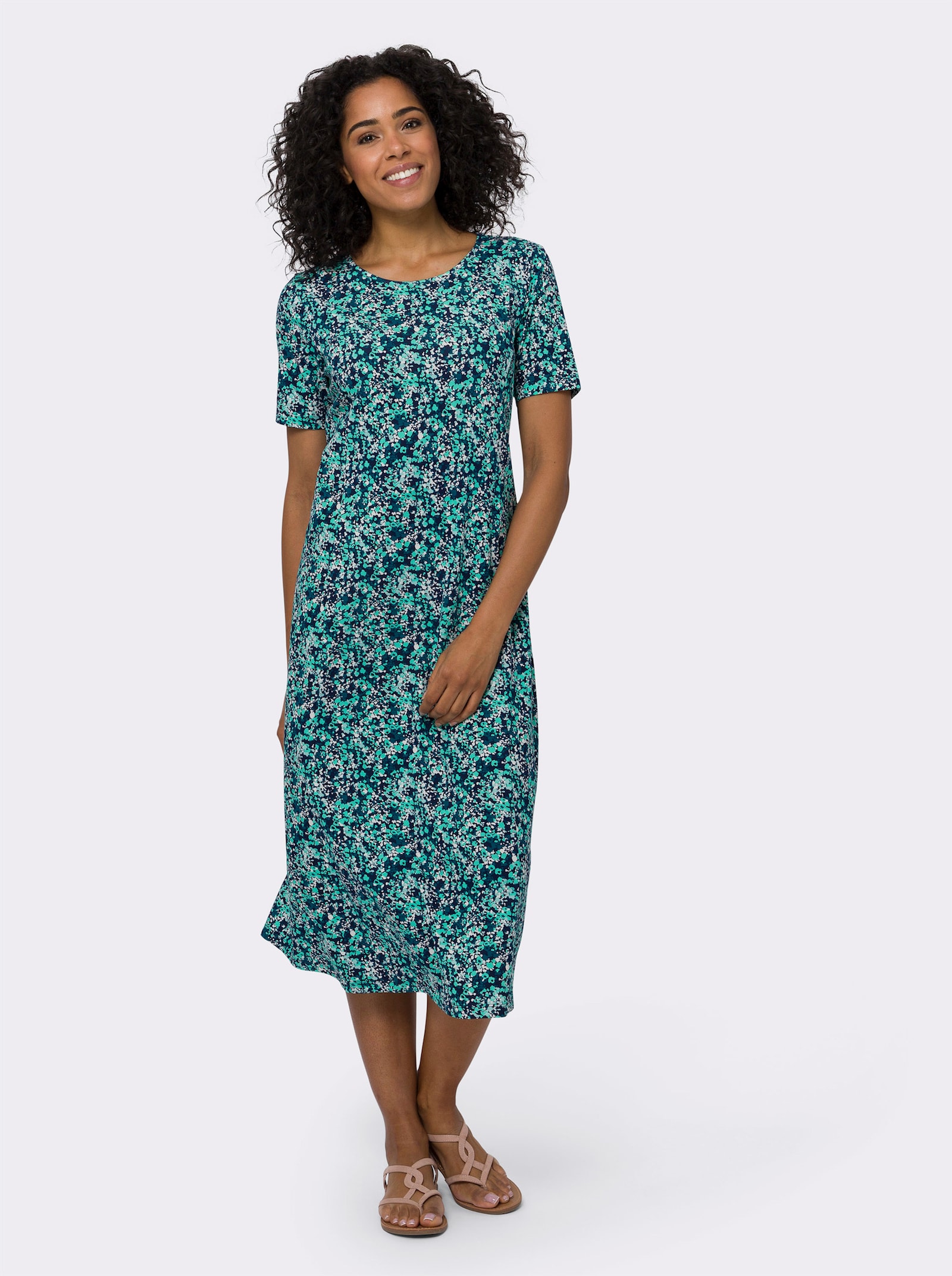 Jerseykleid in A-Linie - marine-blaugrün-bedruckt