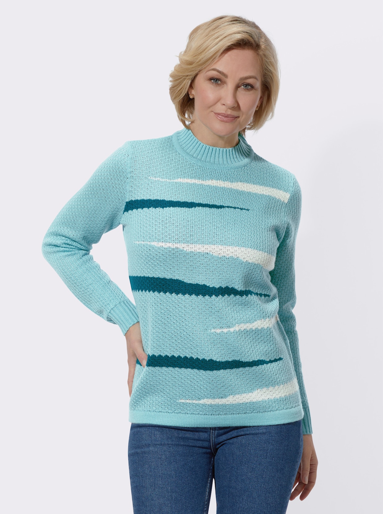 Pullover - aquamarin-ecru-gemustert