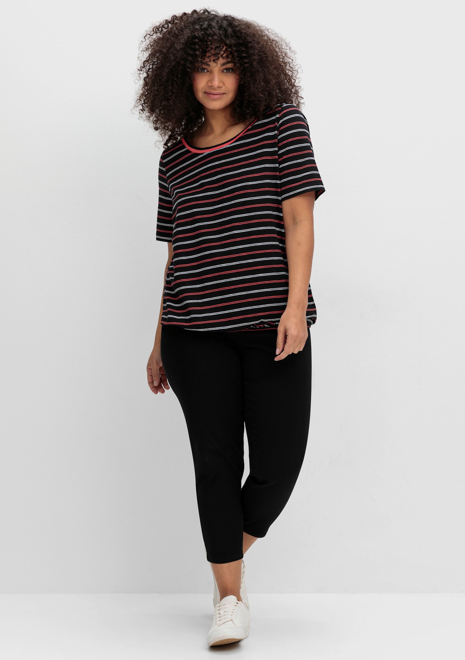 sheego Gestreept shirt met elastische band - zwart gestreept