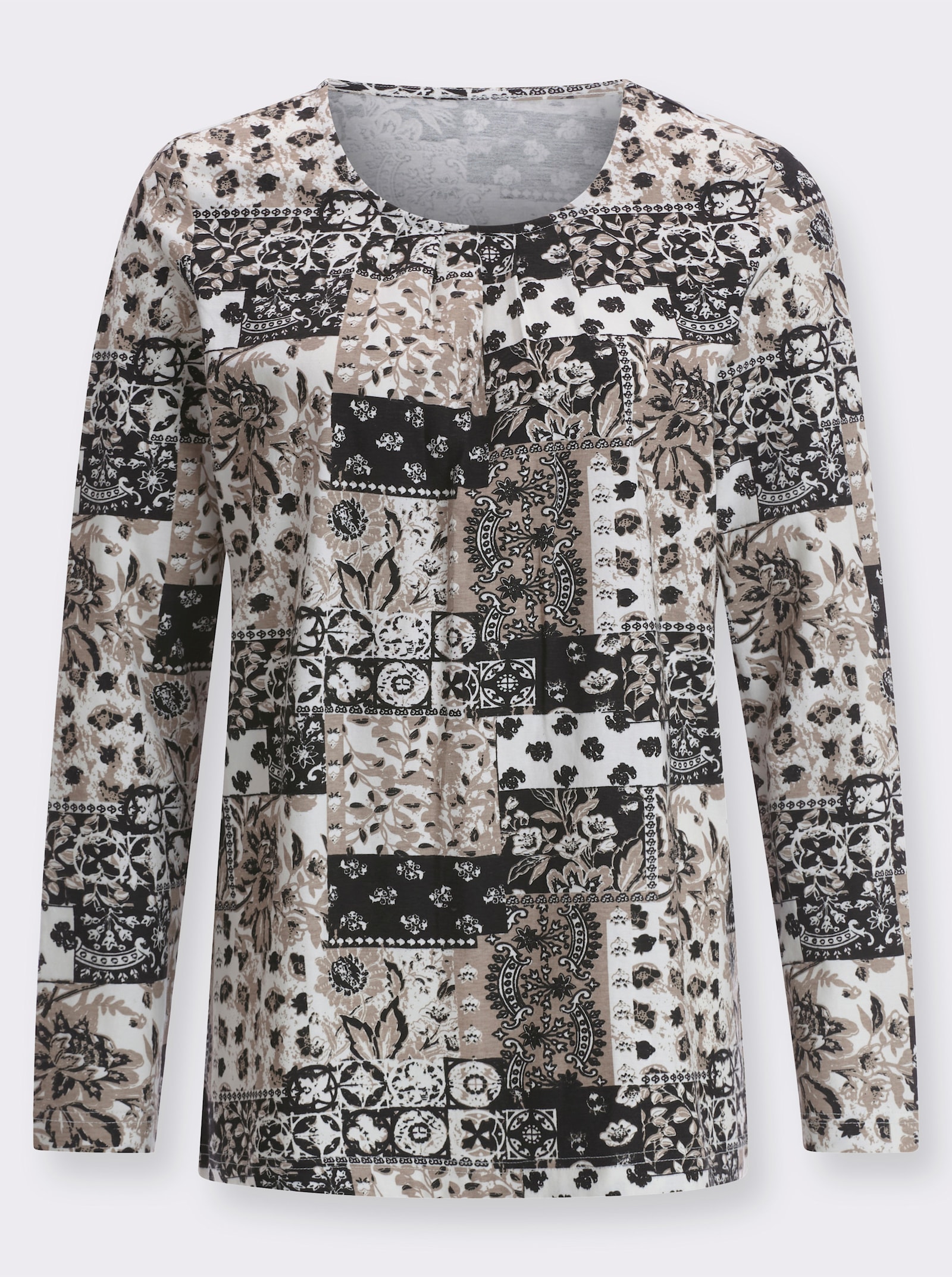Langarmshirt im Patchwork-Look - schwarz-ecru-bedruckt