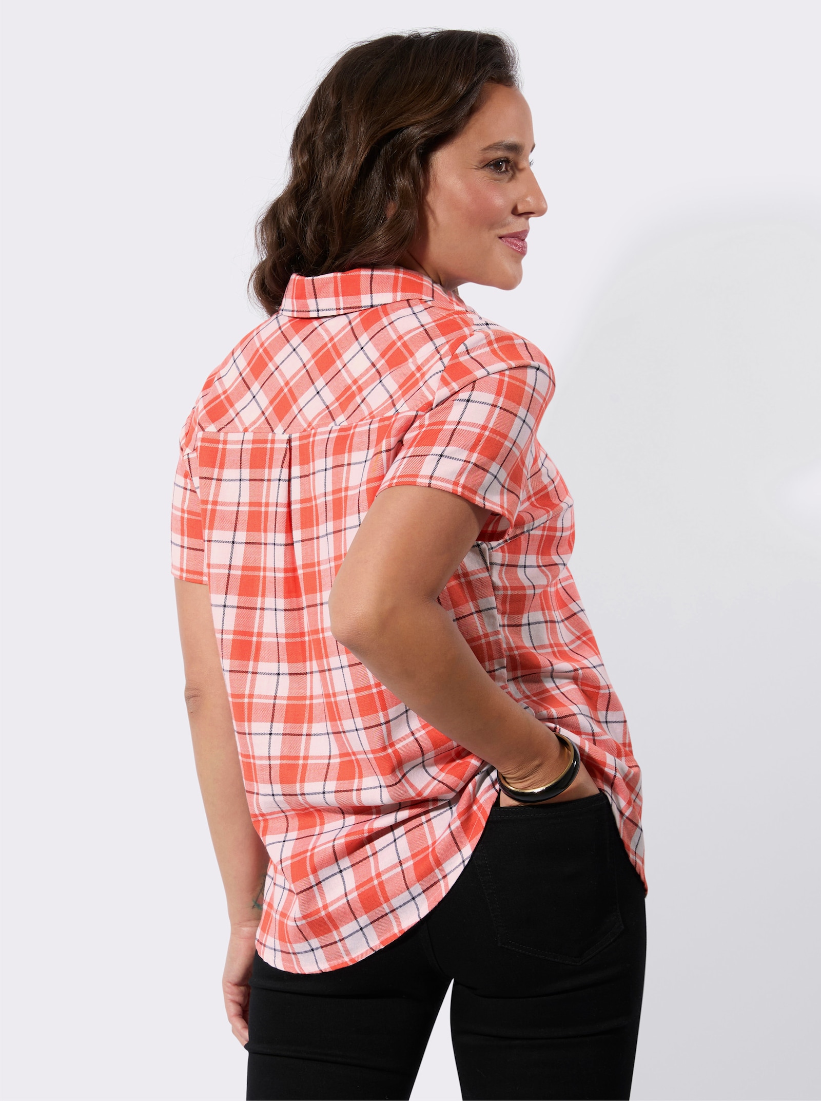 Karobluse mit Kellerfalte hinten - grapefruit-ecru-kariert