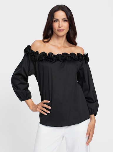 heine Carmenbluse mit 3D-Blumen am Ausschnitt - schwarz