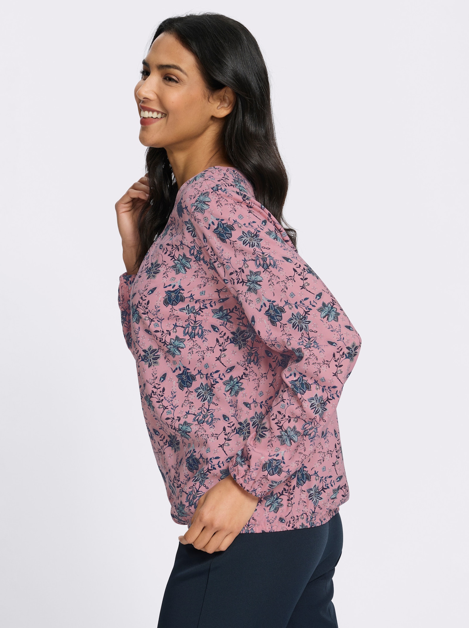 Schlupfbluse mit Raffung am Ausschnitt - rosenquarz-marine-bedruckt
