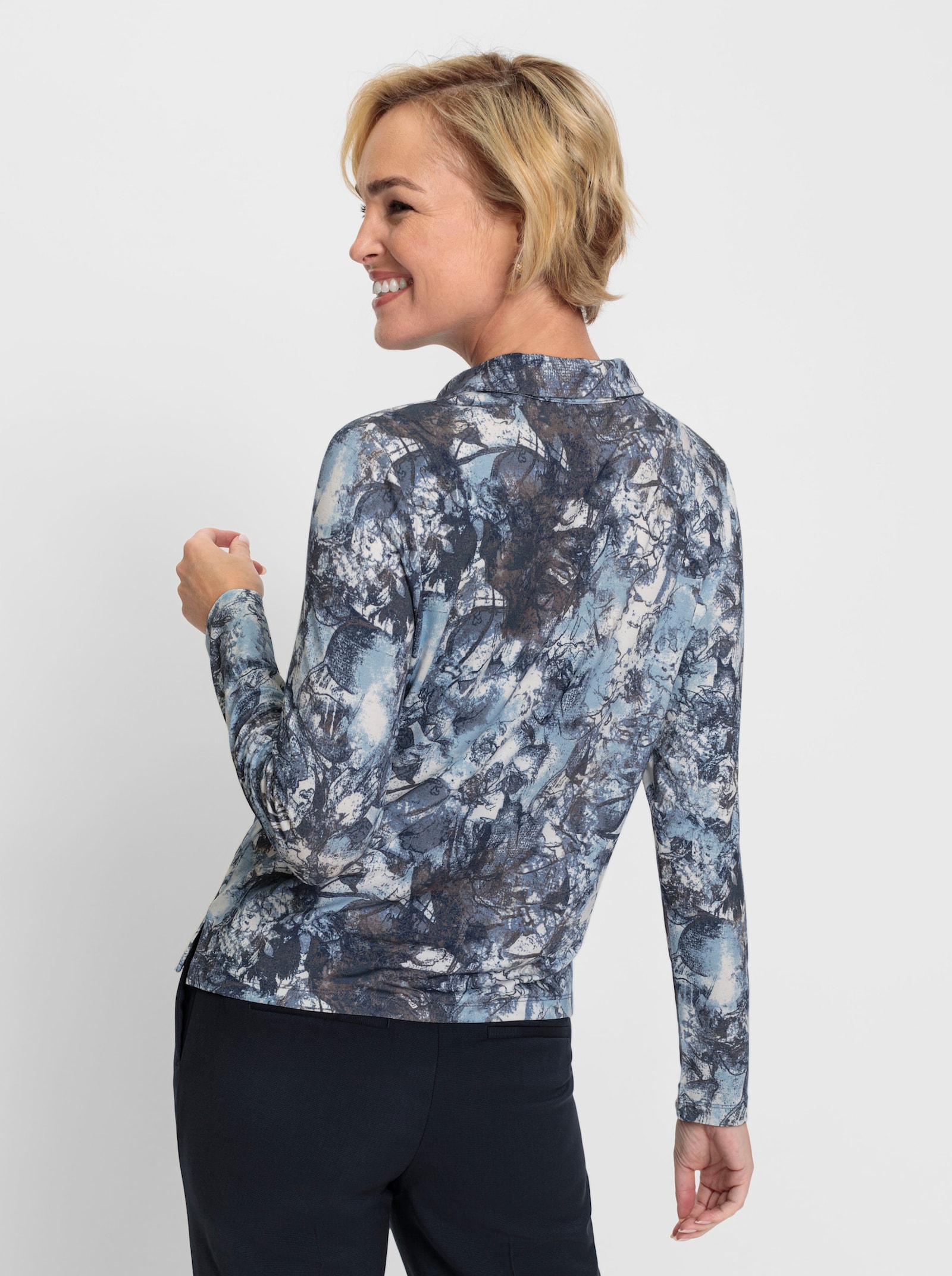 Poloshirt mit Reißverschluss - eisblau-marine-bedruckt