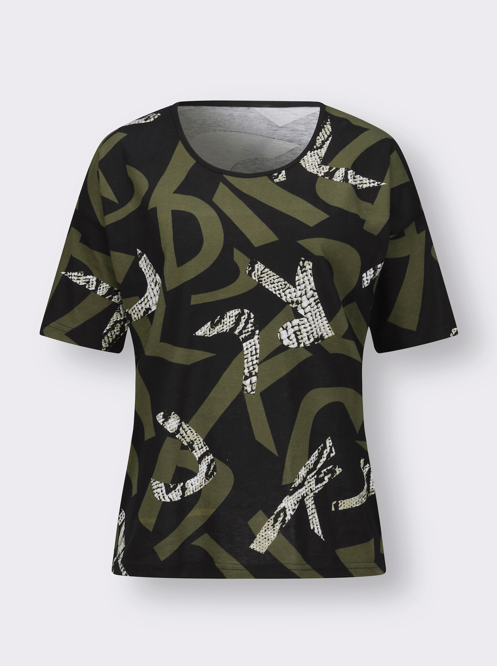Tričko s krátkým rukávem s kombinací vzorů - černá-olivová-potisk