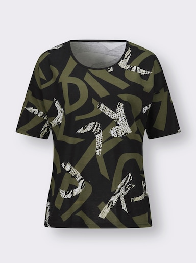 Kurzarmshirt - schwarz-oliv-bedruckt